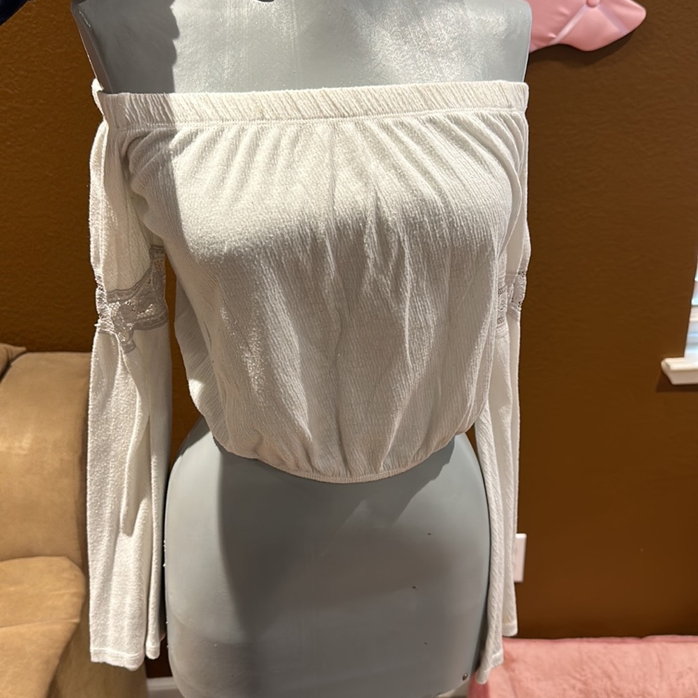 White long sleeve off the shoulder midriff